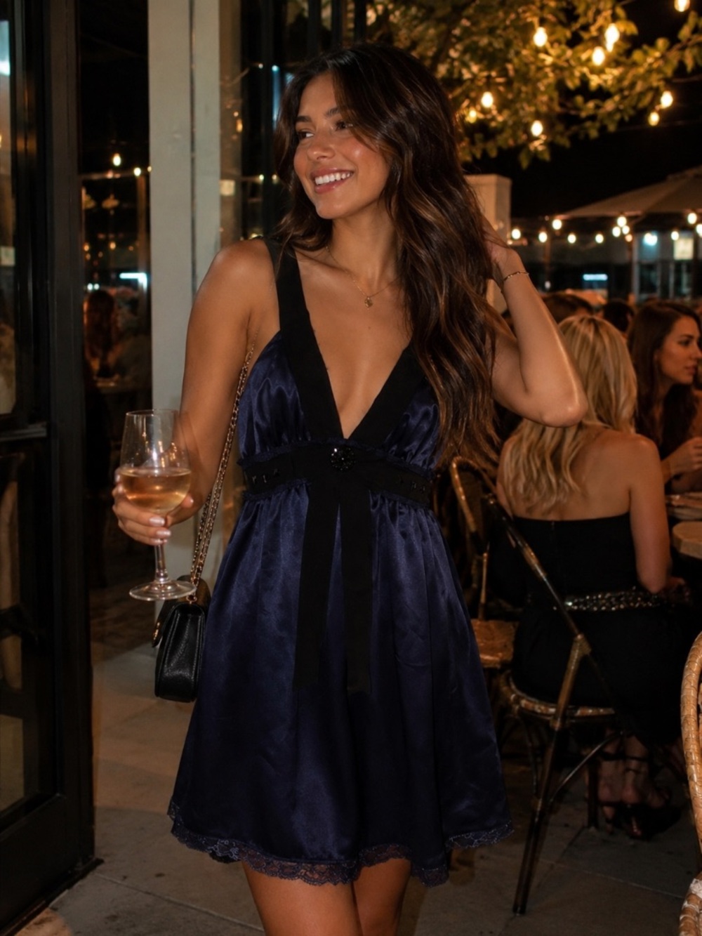 🎄🧑‍🎄 FOREVER 21 Navy Plunge Mini Dress Sleeveless Party Satiny Dress NWT S